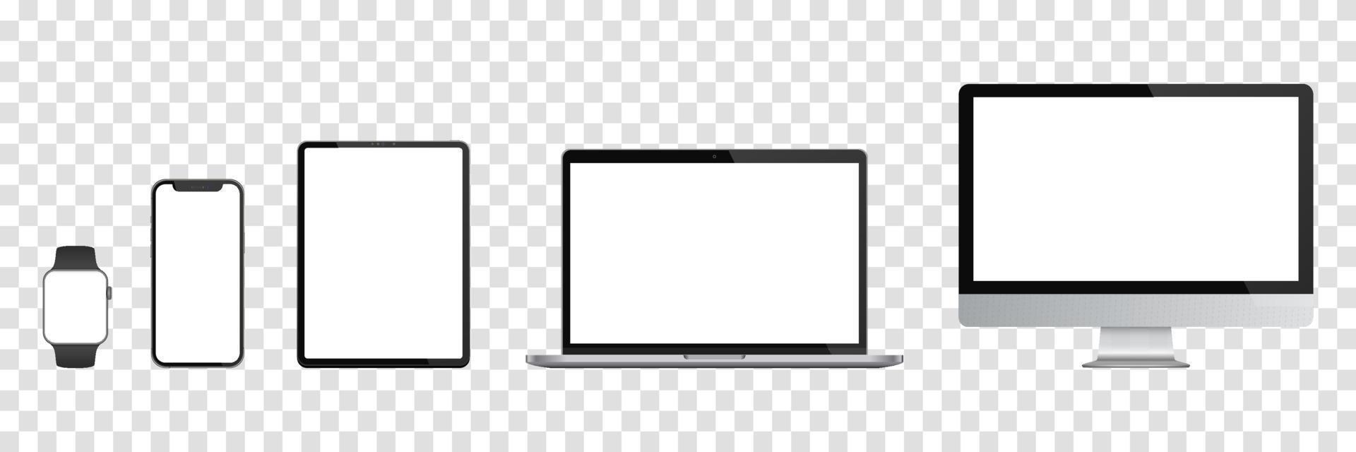 Realistic set of Monitor, laptop, tablet, smartphone, smartwatch. Vector illustration