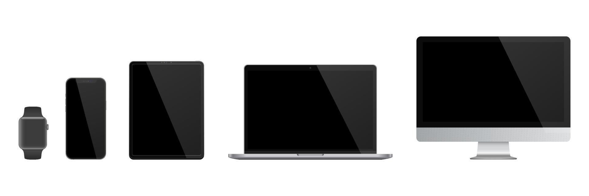 Realistic set of Monitor, laptop, tablet, smartphone, smartwatch. Vector illustration