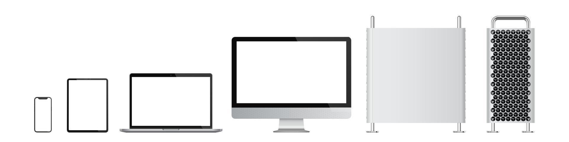 Realistic set of computer, monitor, laptop, tablet, smartphone. Vector illustration