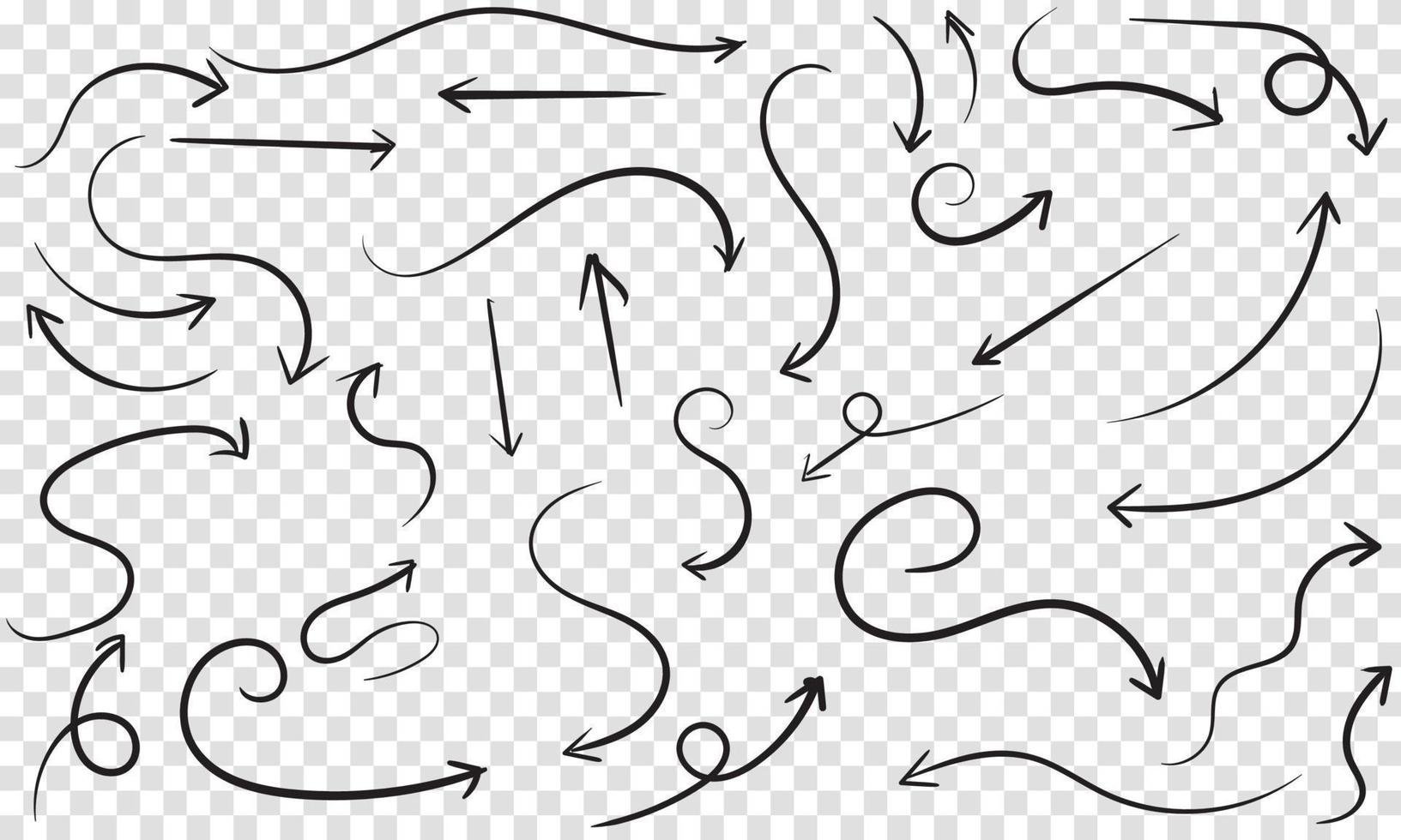Set of vector curved arrows hand drawn. Sketch doodle style. Collection of pointers. Vector illustration