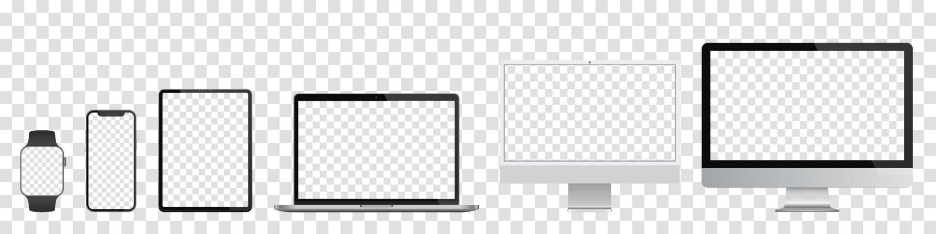 Device screens mockups. Monitor classic and NEW, Laptop thin, tablet pro, smartphone and watch with blank screens for you design. Realistic vector illustration