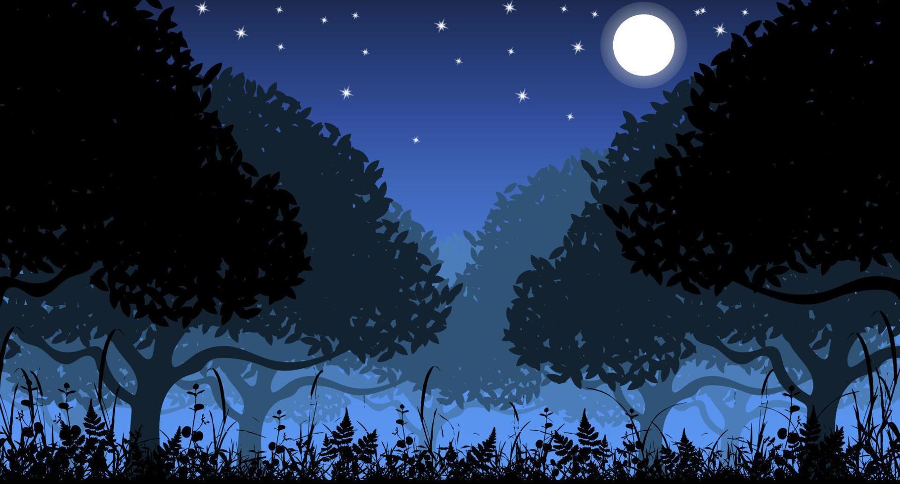 noche en el bosque, hermoso paisaje, con luna, silueta forestal vector