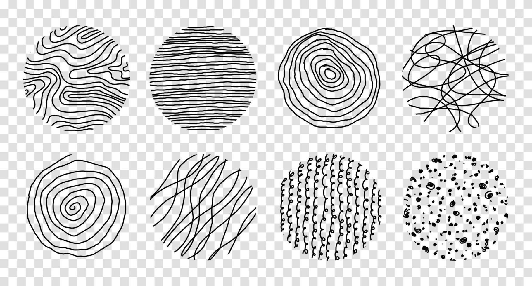 Set of round Abstract  Patterns. Hand drawn doodle shapes. Spots, Curves, Lines. Vector illustration. Social media Icons templates