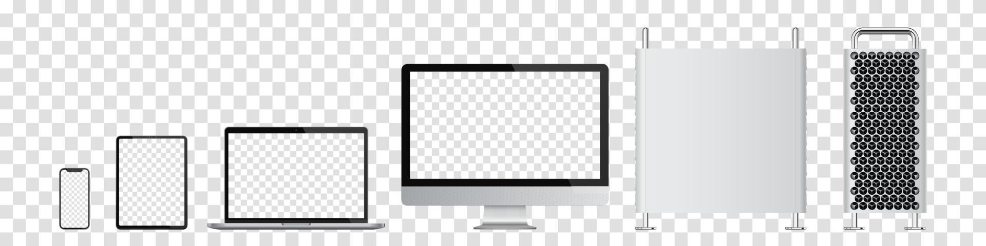 Realistic set of computer, monitor, laptop, tablet, smartphone. Vector illustration