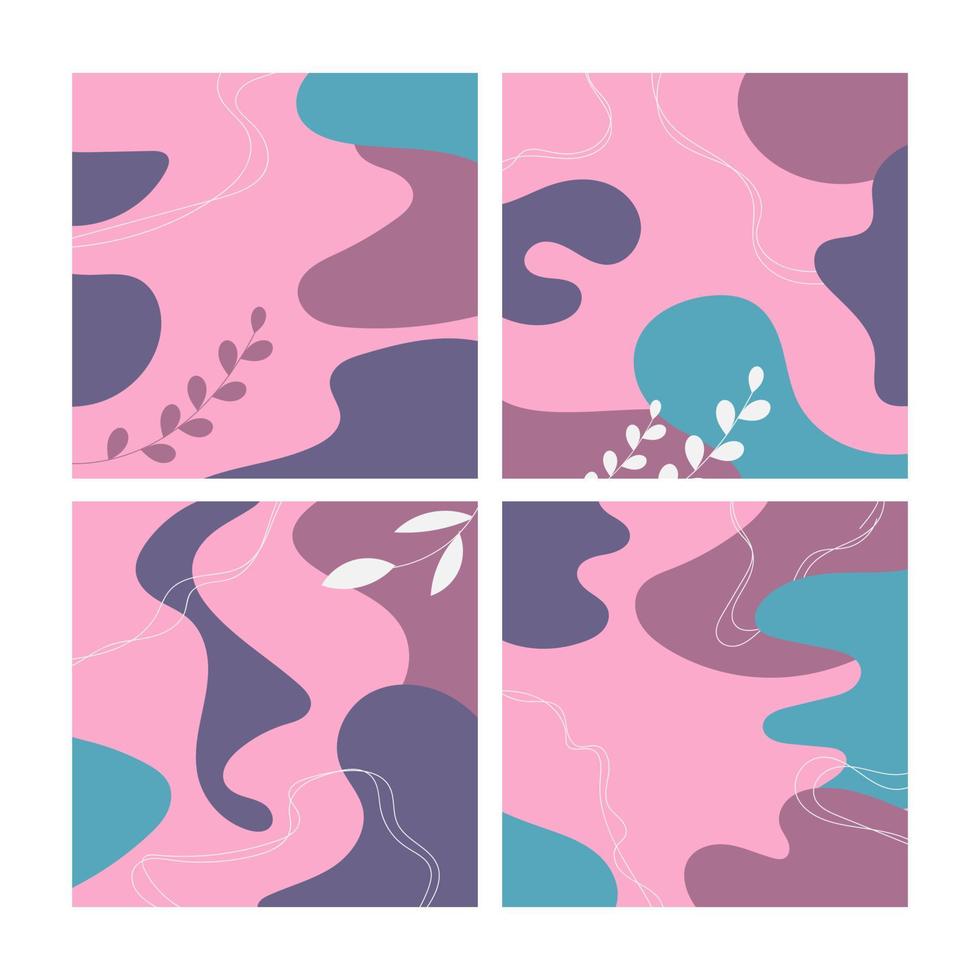 Set of four abstract backgrounds. Hand drawn various shapes and doodle objects. Contemporary modern trendy vector illustrations. Every background is isolated. Pastel colors