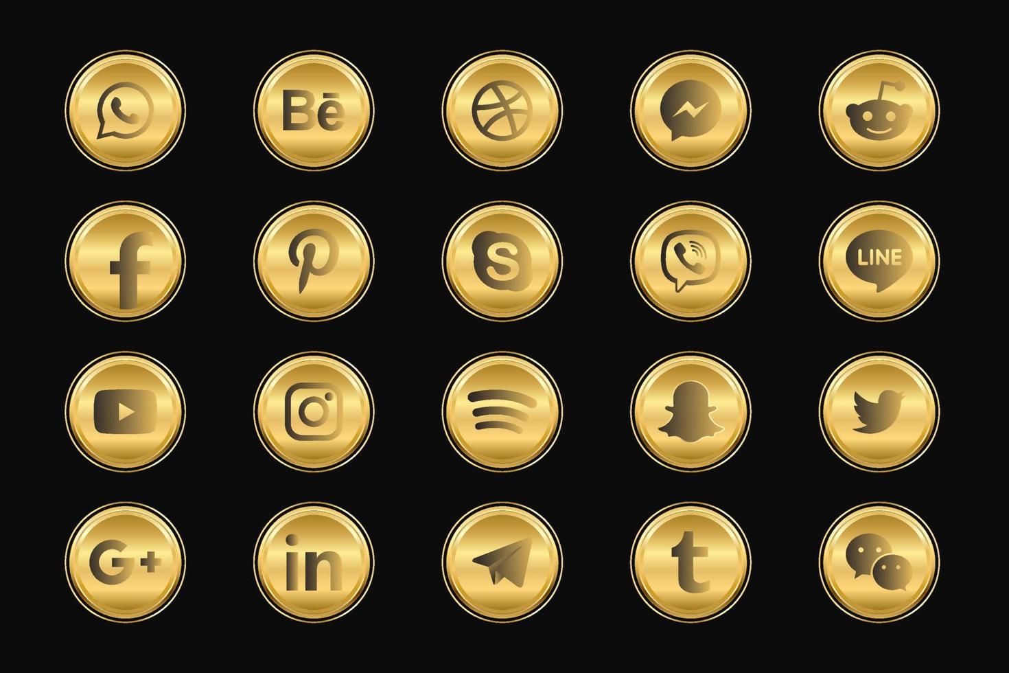 Golden Facebook, Instagram, Twitter, Youtube, WhatsApp, Dribble, Tiktok, Linkedin, Google plus, and many more golden collection of popular social media icons. vector