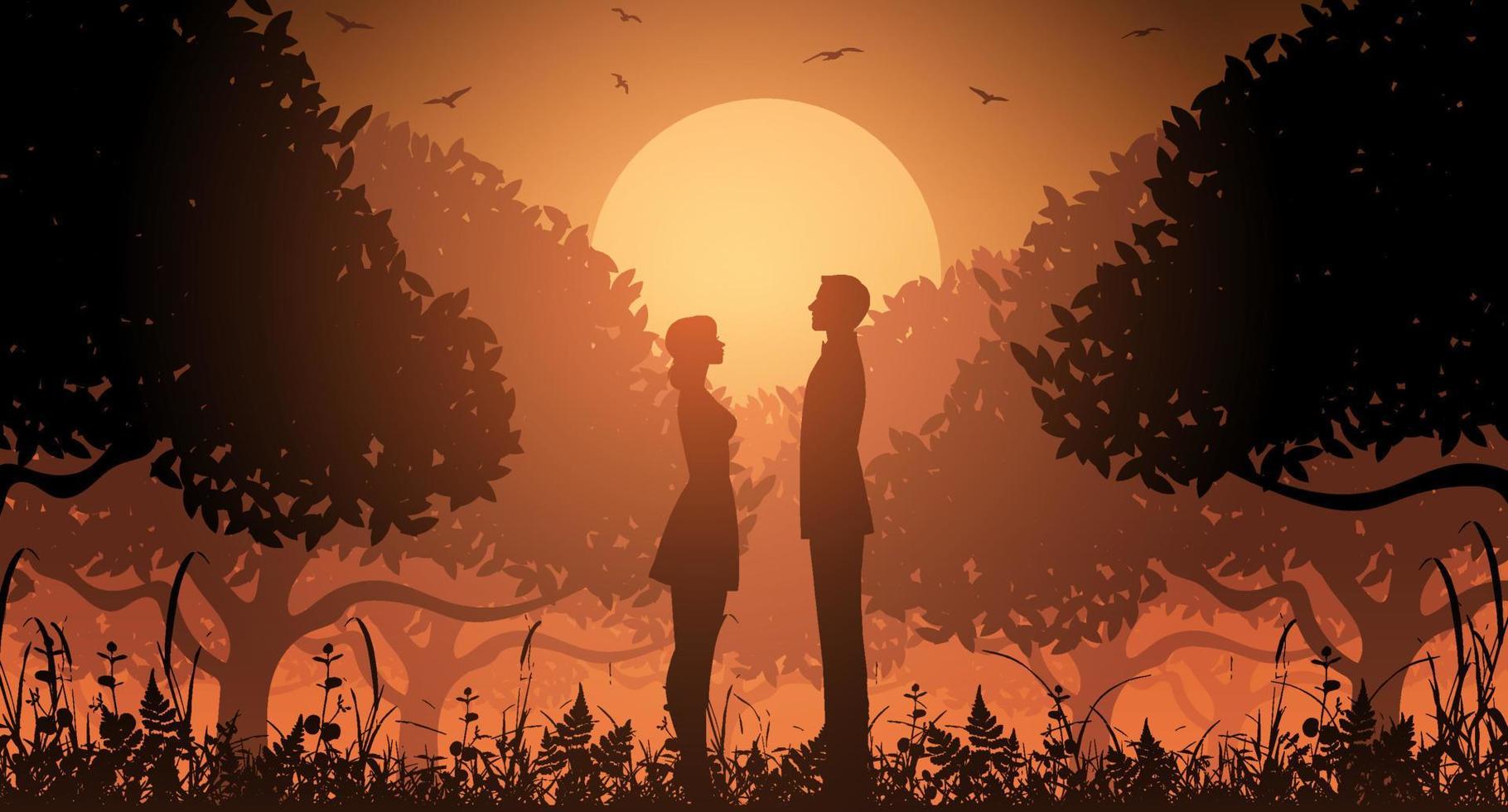 pareja de silueta en un bosque con árboles y pájaros. puesta de sol en un bosque con una pareja. vector