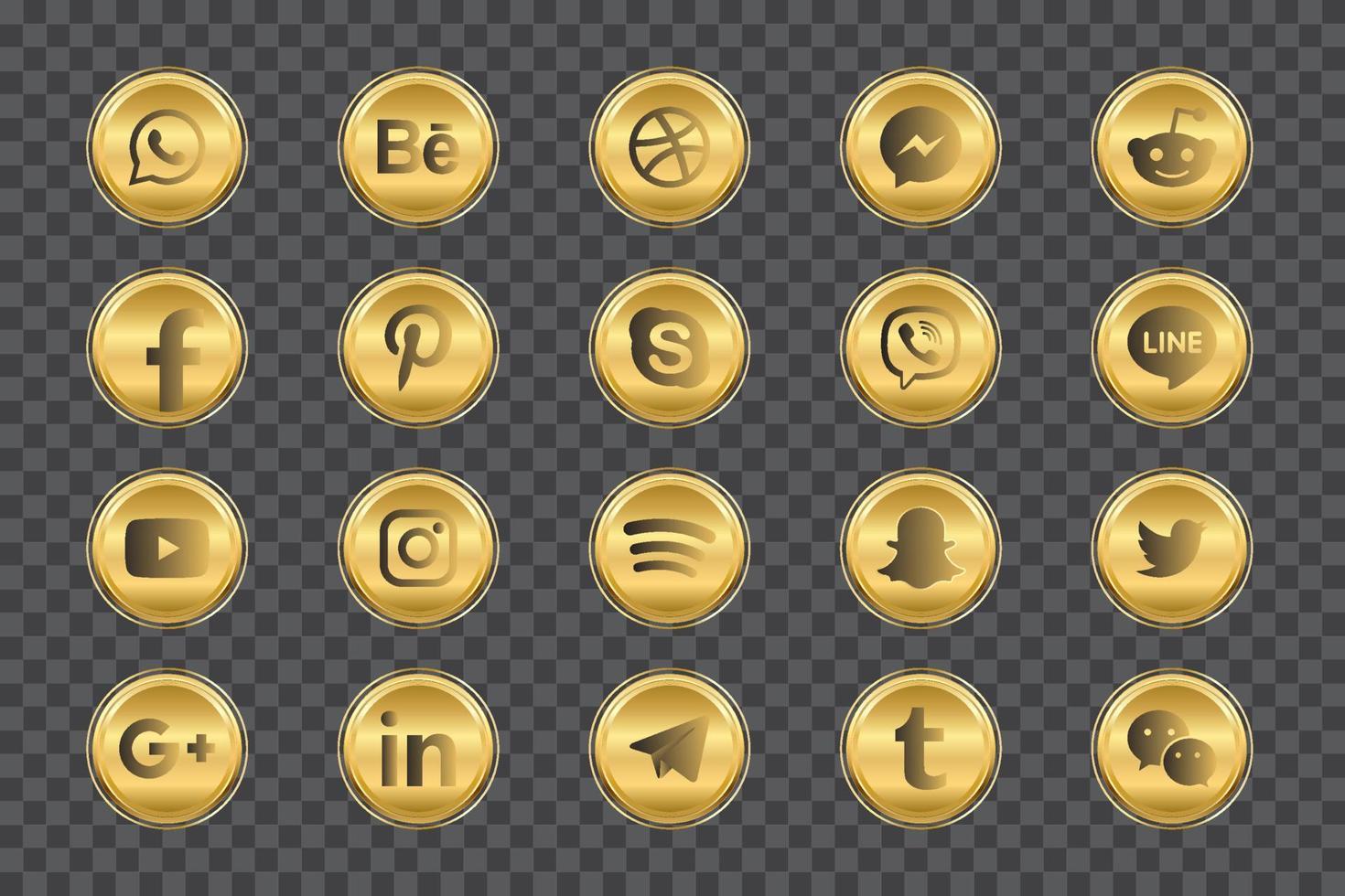 Golden Facebook, Instagram, Twitter, Youtube, WhatsApp, Dribble, Tiktok, Linkedin, Google plus, and many more golden collection of popular social media icons. vector