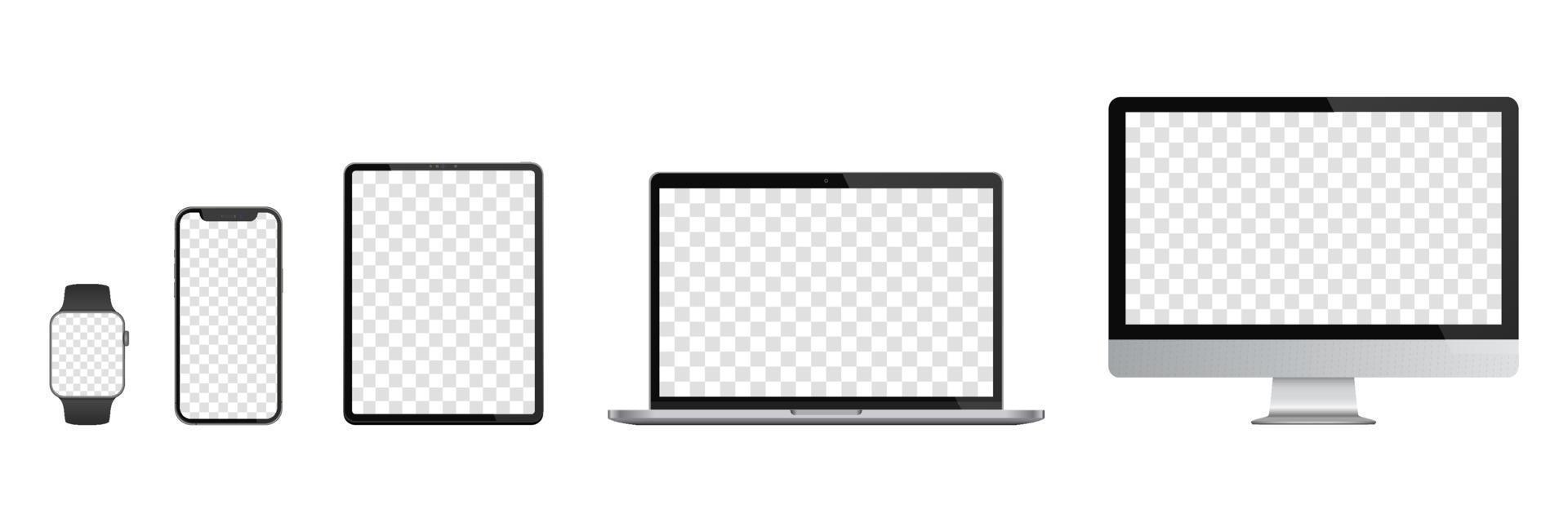 Realistic set of Monitor, laptop, tablet, smartphone, smartwatch. Vector illustration