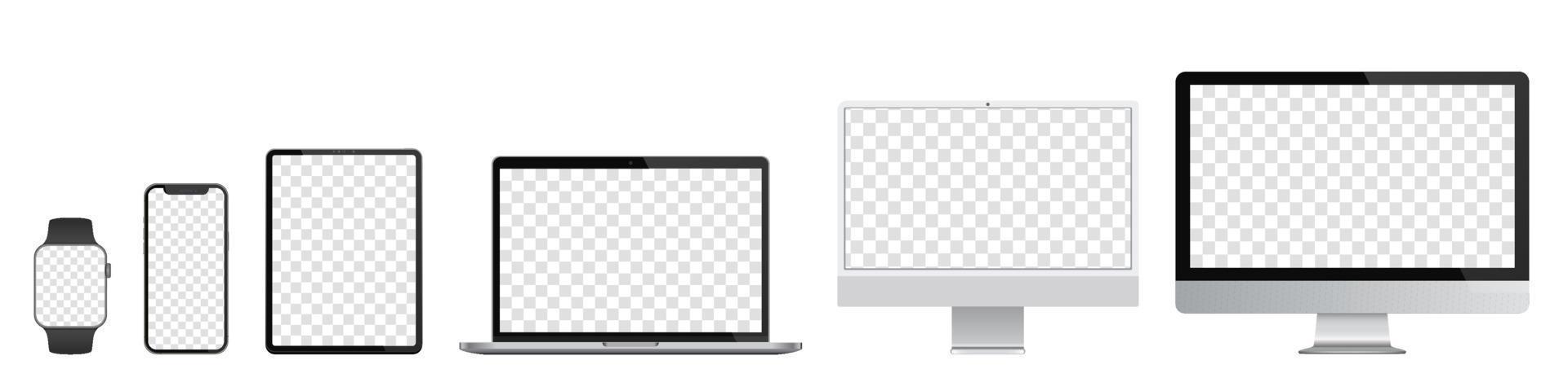 Device screens mockups. Monitor classic and NEW, Laptop thin, tablet pro, smartphone and watch with blank screens for you design. Realistic vector illustration