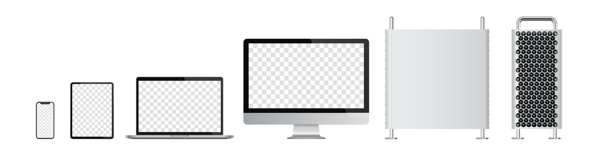 Realistic set of computer, monitor, laptop, tablet, smartphone. Vector illustration