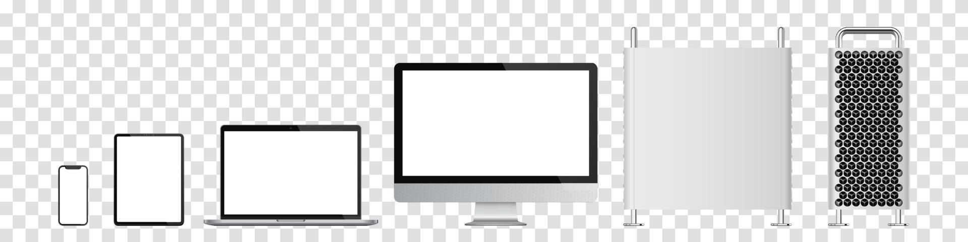 Realistic set of computer, monitor, laptop, tablet, smartphone. Vector illustration