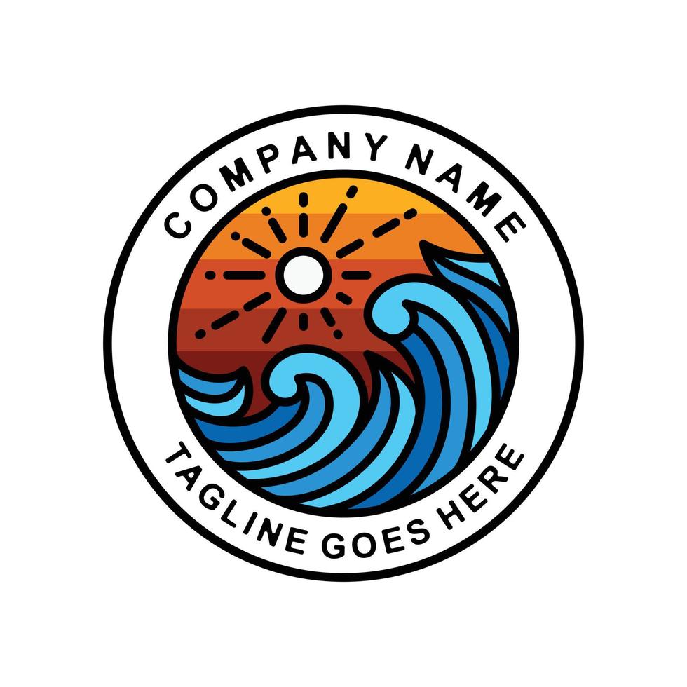 Panorama sea wave and sun with line art style .Label Stamp , Badge ,Emblem ,Logo design vector