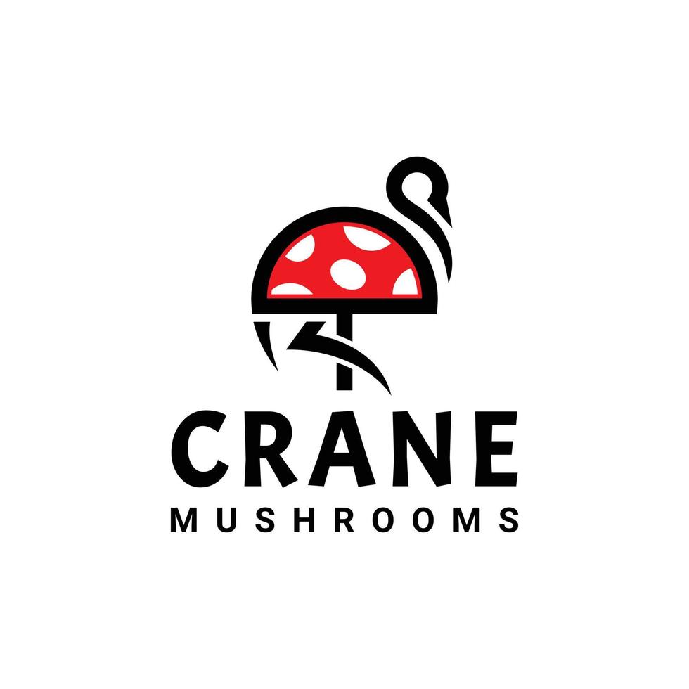 Bird crane combination with mushroom in white background, template vector logo design