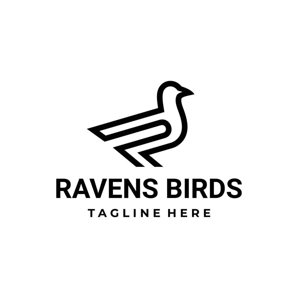 Ravens bird combination And letter R with in white background, vector logo design flat minimalist