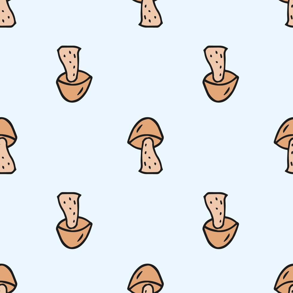 Seamless pattern. Doodle style hand drawn. Nature, animals and elements. Vector illustration. Beige mushrooms on a light blue background.