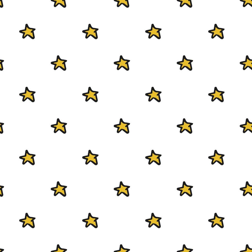 Seamless pattern. Doodle style hand drawn. Nature elements. Vector illustration. Yellow stars with black outline on a white background.