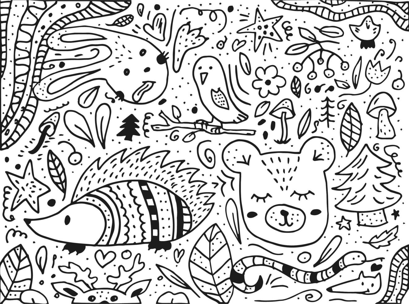 Doodle style hand drawn. Nature, animals and elements. Vector illustration. Forest dwellers. Black and white illustration.