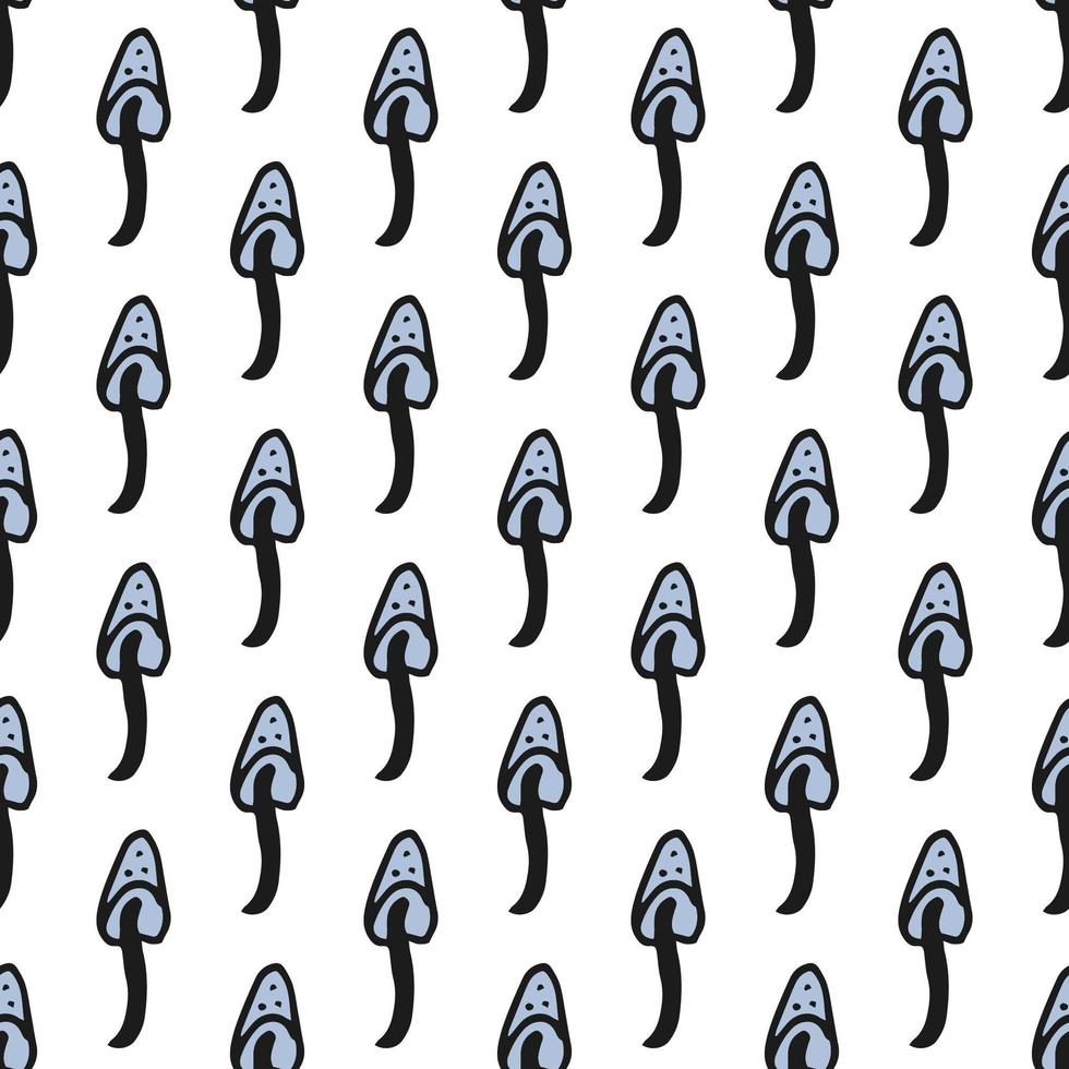 Seamless pattern. Doodle style hand drawn. Nature, animals and elements. Vector illustration. Blue toadstools on a white background.