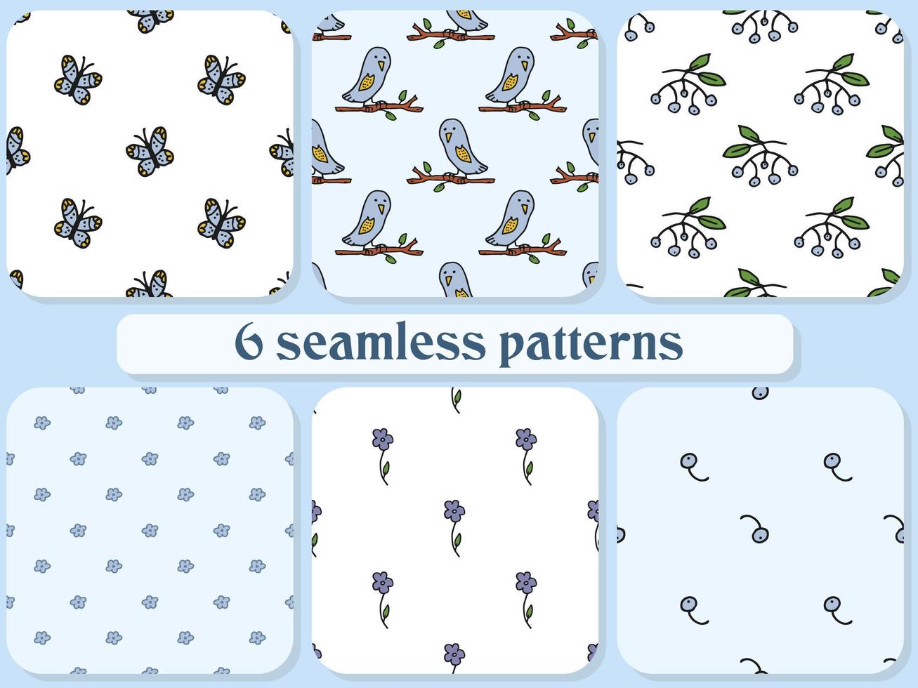 Set of 6 seamless pattern. Doodle style hand drawn. Nature, animals and elements. Vector illustration. Blue butterflies, owls, flowers, cranberries and mountain ash on blue background.