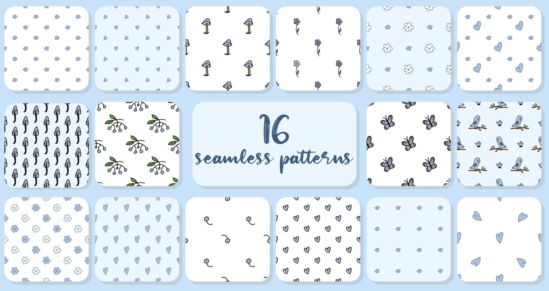 Big set of 16 seamless pattern. Doodle style hand drawn. Nature, animals and elements. Blue flowers, owls on a branch with a flying chicks, cranberries, butterflies, mountain ash, fly agarics. vector
