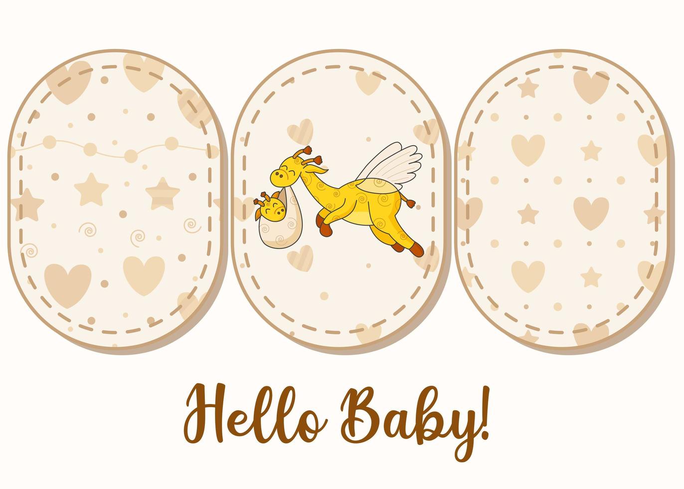 Set of 3 patterns and lettering. A postcard for a newborn. Funny flying giraffe. Hello Baby. Congratulations on the birth of a child. Birth certificate. Hello world. vector