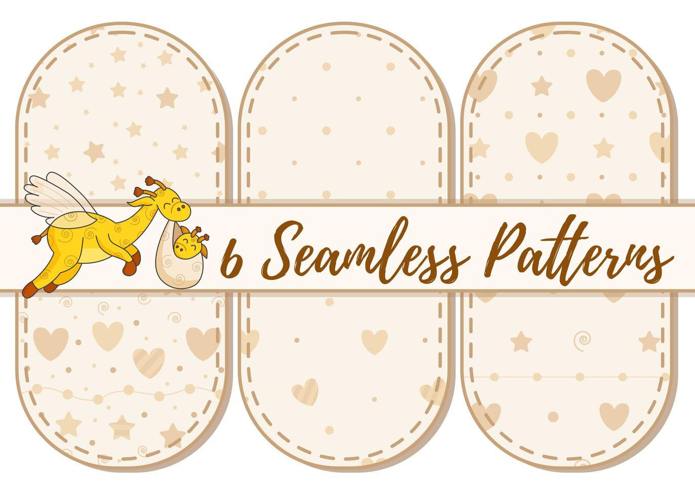 Set of 6 patterns and lettering. A postcard for a newborn. Funny flying giraffe. Hello Baby. Congratulations on the birth of a child. Birth certificate. Hello world. vector