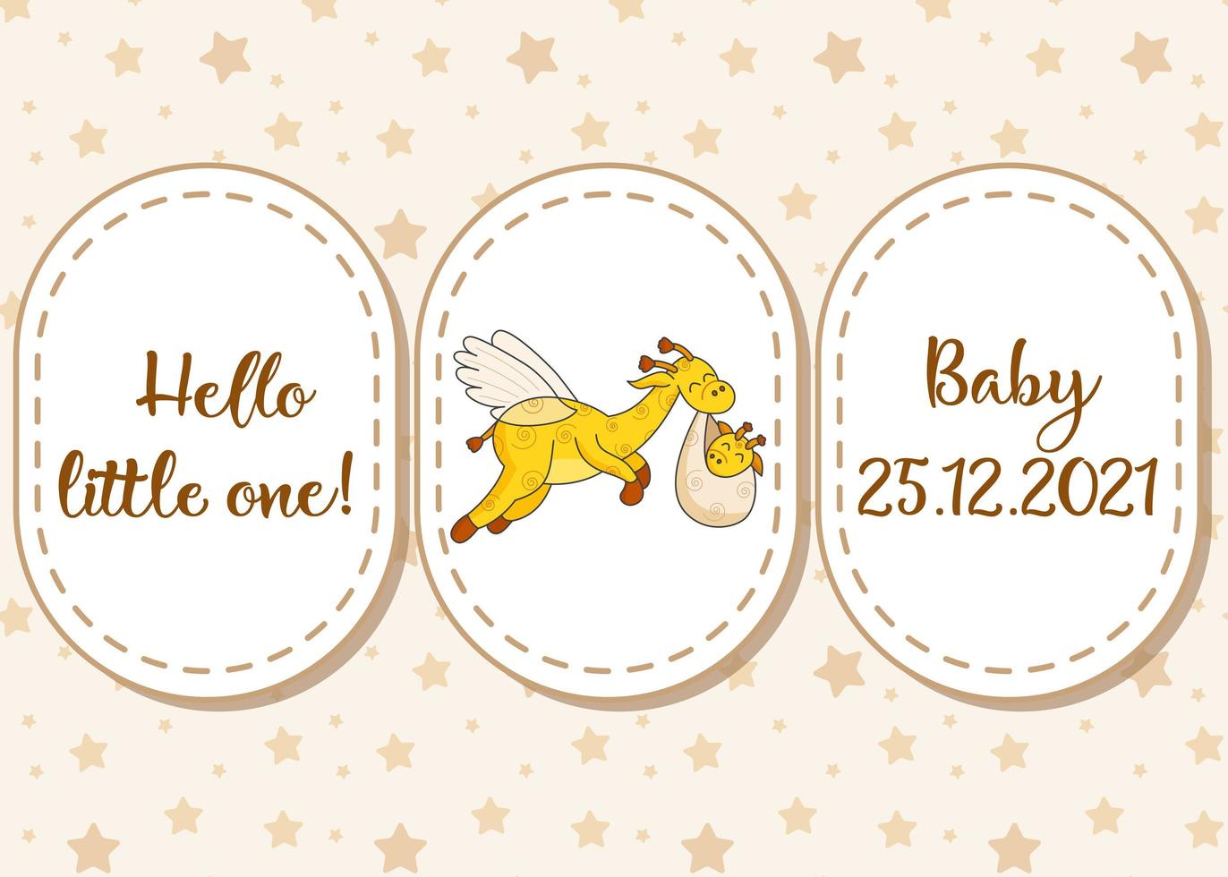 Seamless pattern and lettering. A postcard for a newborn. Funny flying giraffe. Hello Baby. Congratulations on the birth of a child. Birth certificate. Hello world. vector