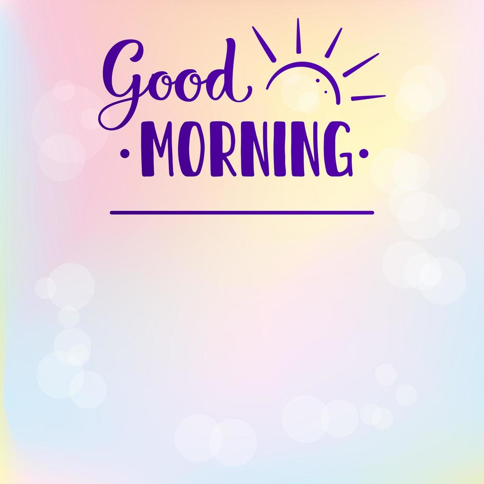 Letras de buenos días. letras con el amanecer. palabras violetas con el sol naciente sobre un fondo degradado. vector