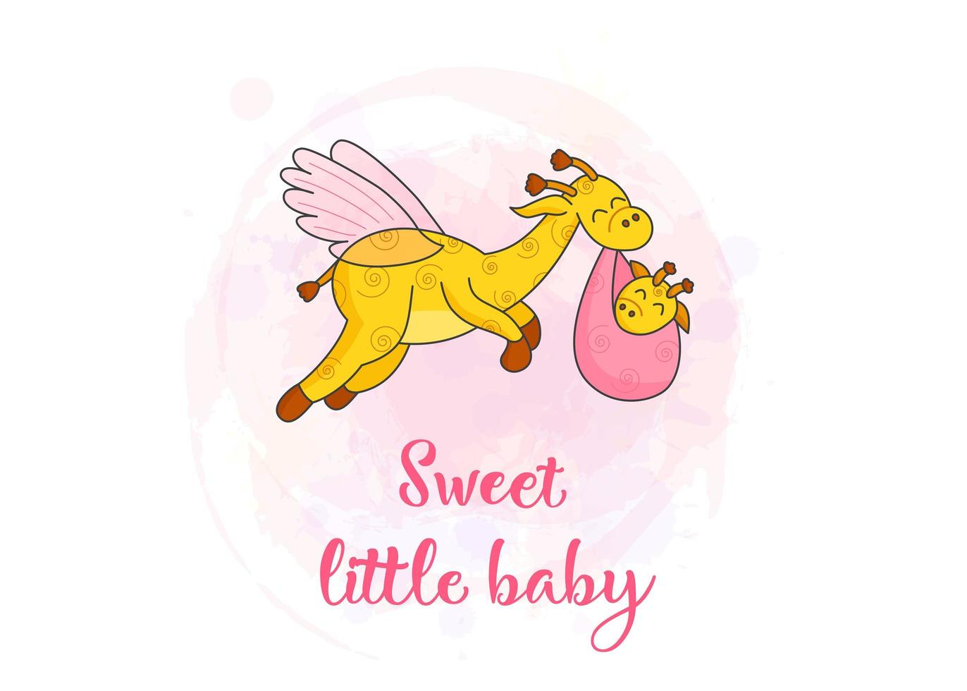 A postcard for a newborn. Funny flying giraffe. Hello Baby. Congratulations on the birth of a child. Birth certificate. Hello world. vector