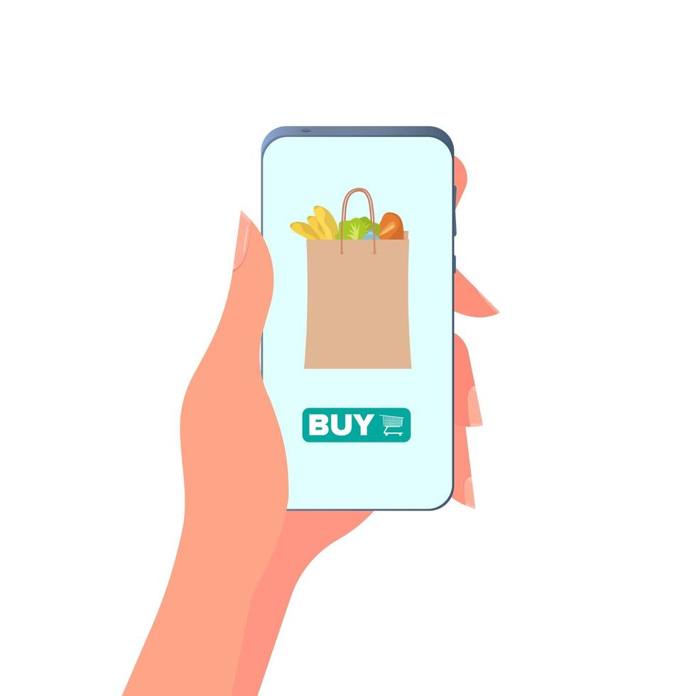 Hand holds a mobile phone. Girl holds the phone in her hand close-up. vector