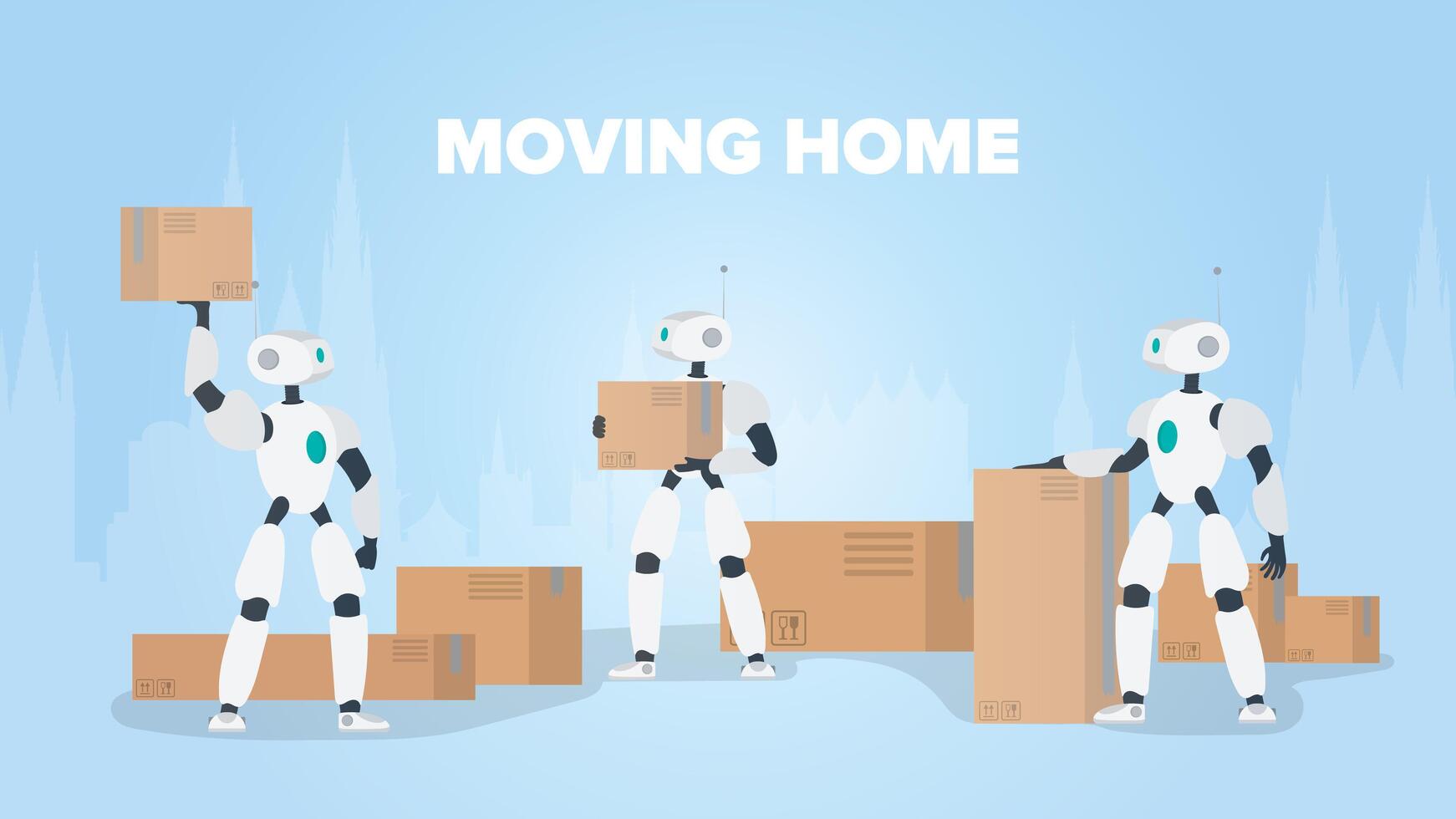 Moving home banner. Moving to a new place. A white robot holds a box. Carton boxes. The concept of the future, delivery and loading of goods using robots. Vector. vector