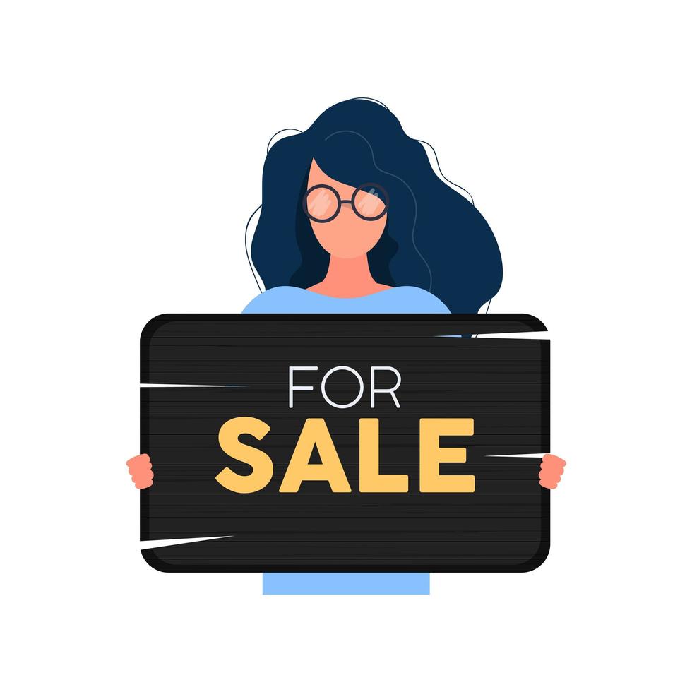 A woman with glasses holds a wooden sign with the inscription For Sale. Young woman holding wooden sign isolated on white background. Vector. vector