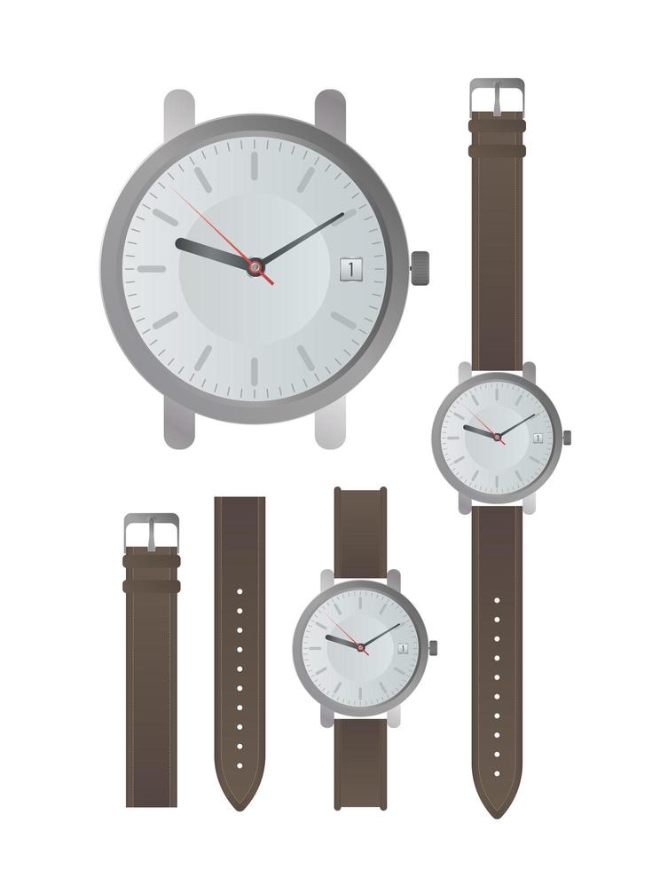 Set of classic men's watches. Wristwatch with a leather strap. Isolated. Realistic vector. vector