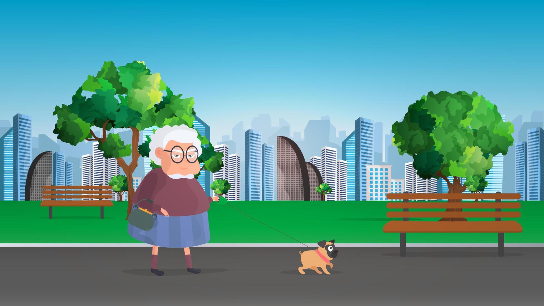 An elderly woman walking her dog in the park vector
