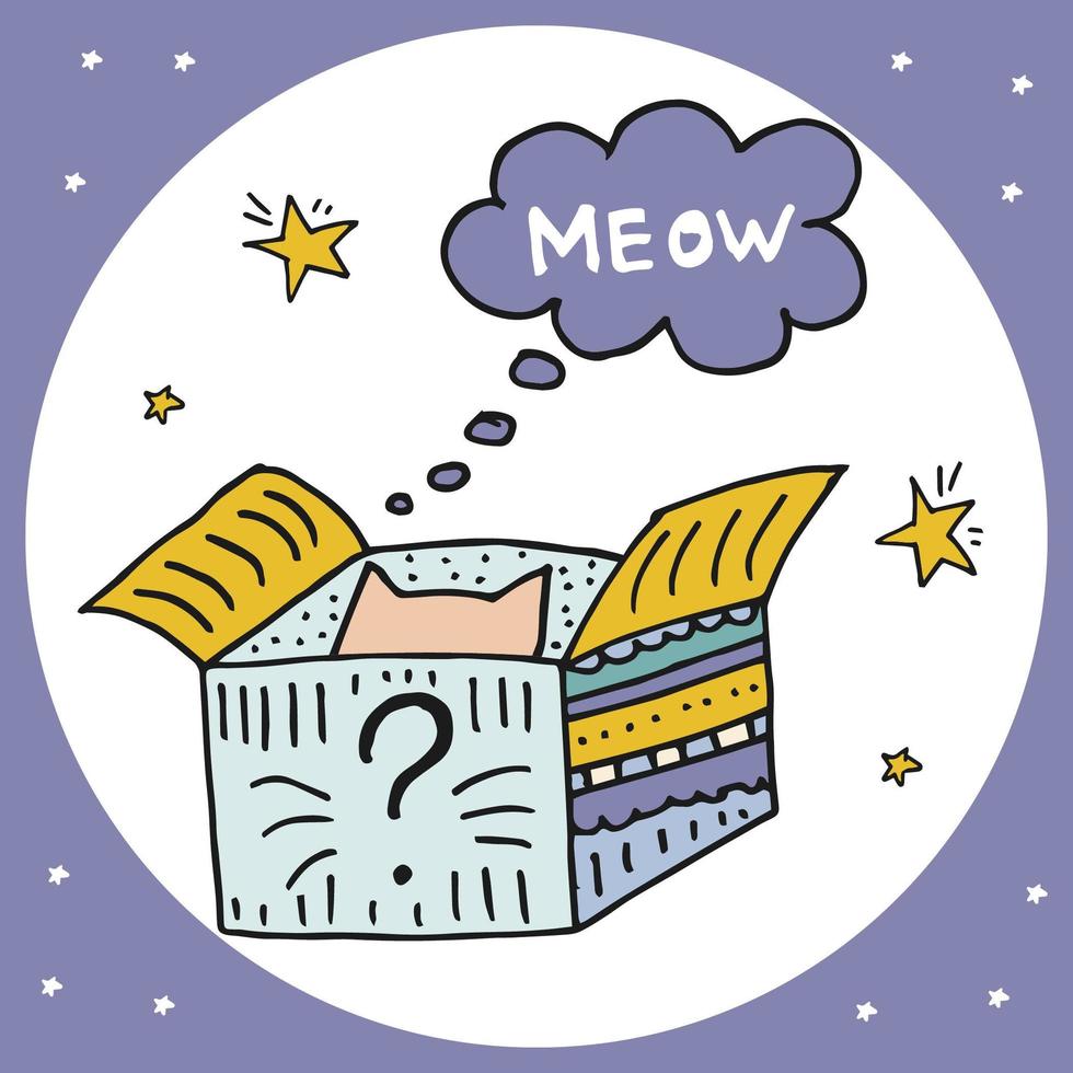Doodle style hand drawn. Nature, animals and elements. Vector illustration. Cat life. Cat in a box. Meow. Colorful illustration. The cat is hiding in a box. Schrodinger's cat