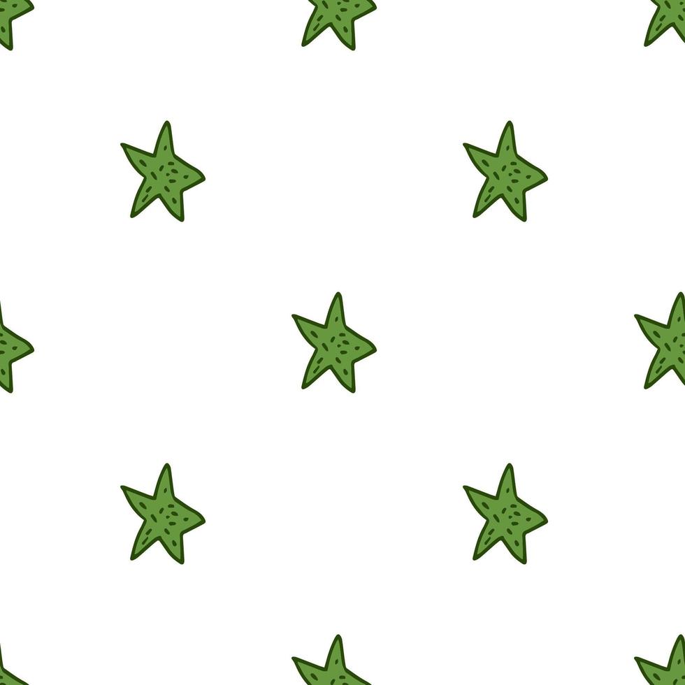 Seamless pattern. Doodle style hand drawn. Nature elements. Vector illustration. Green stars on a white background.