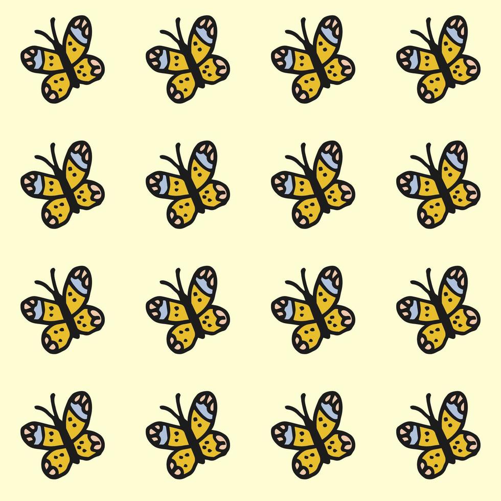 Seamless pattern. Doodle style hand drawn. Nature elements. Vector illustration. Yellow butterflies on a white background.