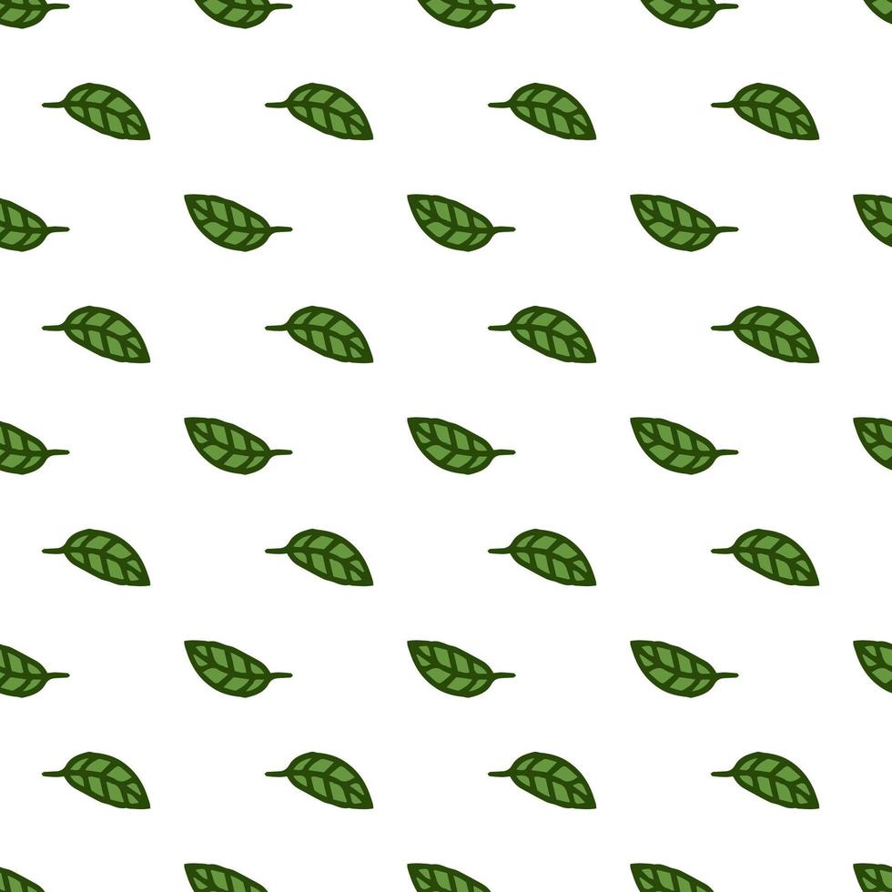 Seamless pattern. Doodle style hand drawn. Nature elements. Vector illustration. Green leaves on a white background.