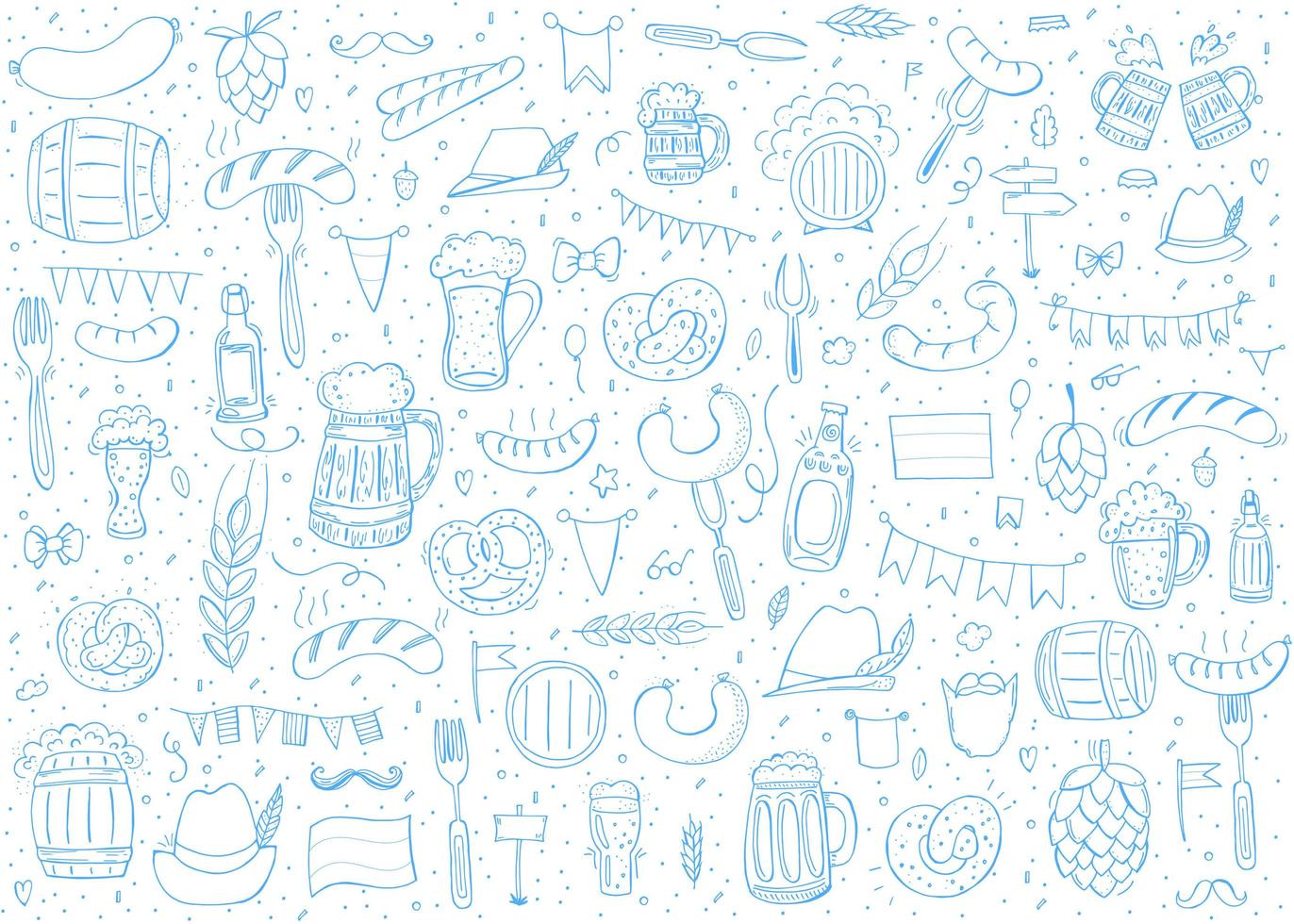 Oktoberfest 2022 - Beer Festival. Hand-drawn Doodle Elements. German Traditional holiday. Octoberfest, Craft Beer. Blue-white rhombus. Set of elements. vector