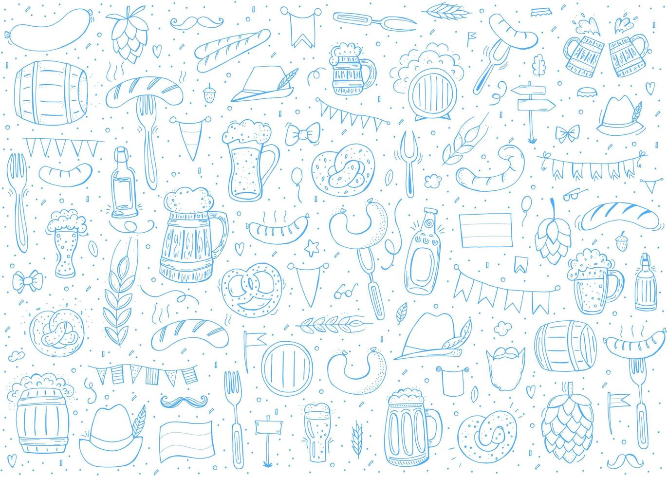 Oktoberfest 2022 - Beer Festival. Hand-drawn Doodle Elements. German Traditional holiday. Octoberfest, Craft Beer. Blue-white rhombus. Set of elements. vector