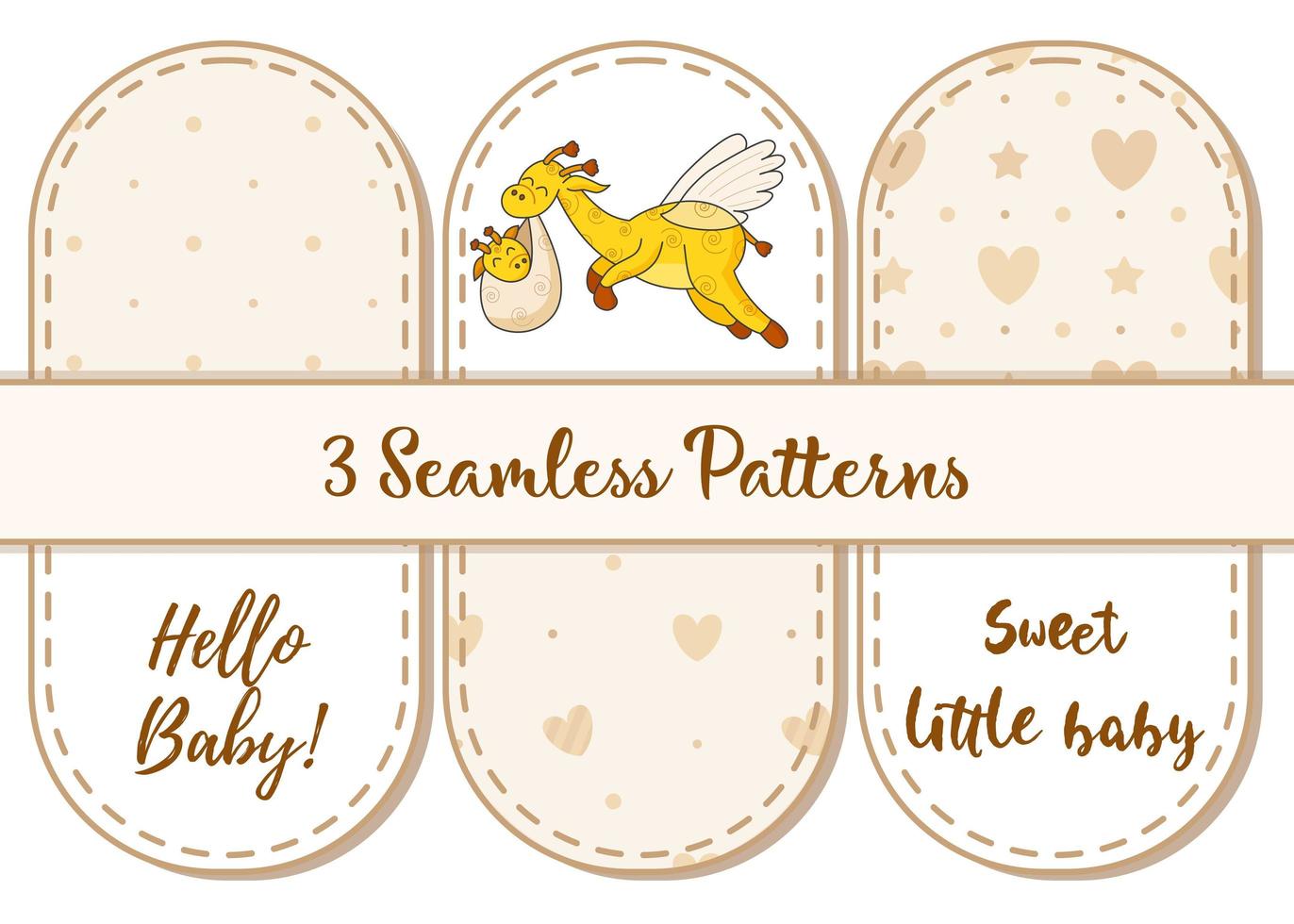 Set of 3 patterns and lettering. A postcard for a newborn. Funny flying giraffe. Hello Baby. Congratulations on the birth of a child. Birth certificate. Hello world. vector