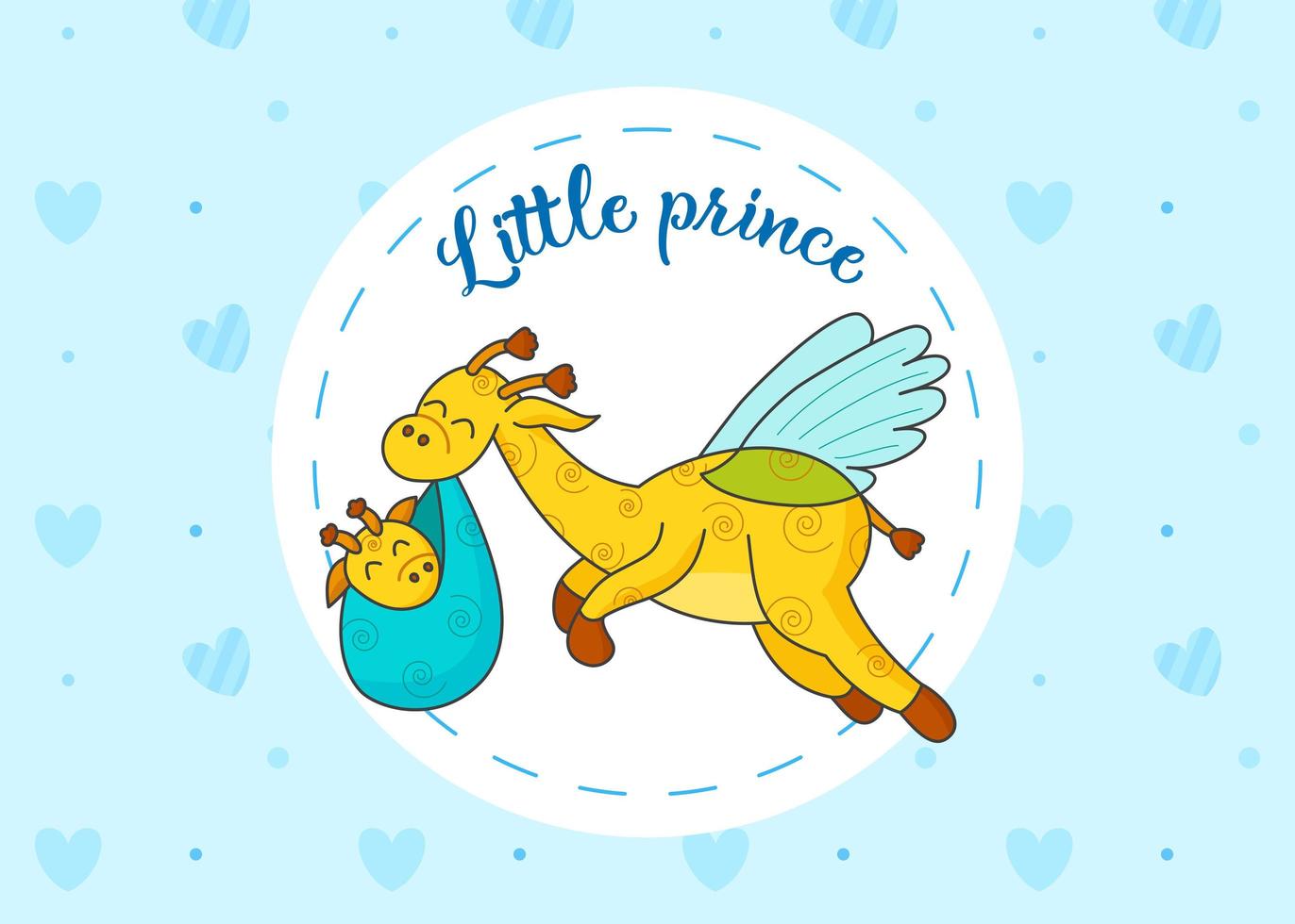 A postcard for a newborn. Funny flying giraffe. Hello Baby. Congratulations on the birth of a child. Birth certificate. Hello world. vector