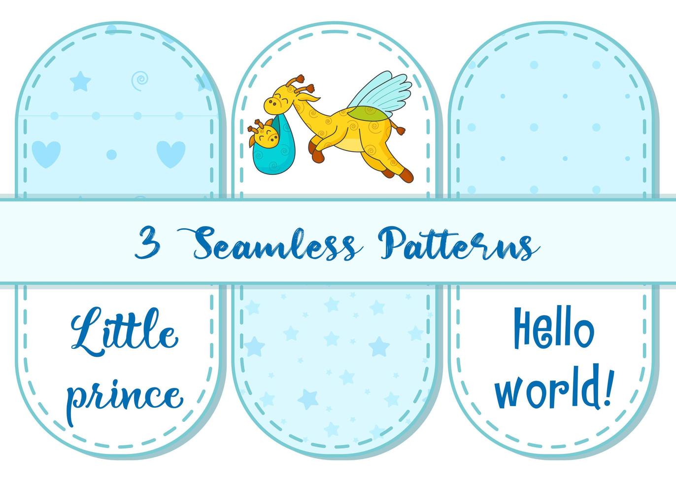 Set of 3 patterns and lettering. A postcard for a newborn. Funny flying giraffe. Hello Baby. Congratulations on the birth of a child. Birth certificate. Hello world. vector