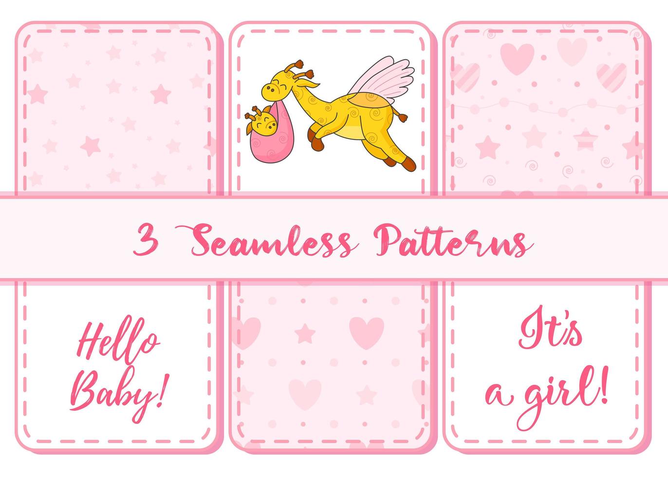Set of 3 patterns and lettering. A postcard for a newborn. Funny flying giraffe. Hello Baby. Congratulations on the birth of a child. Birth certificate. Hello world. vector