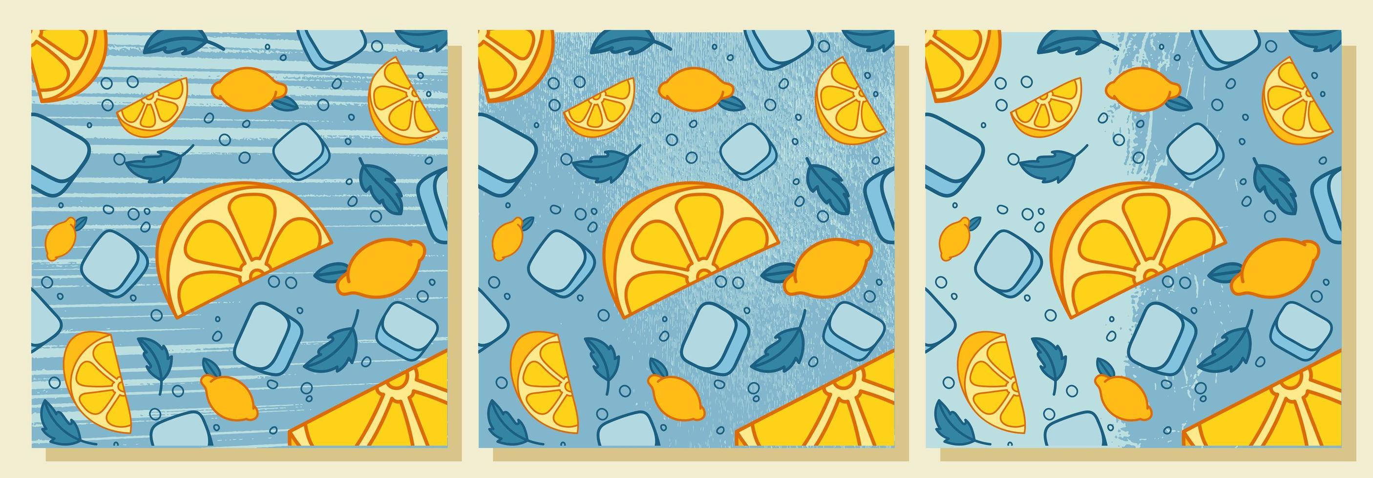 Fresh lemonade with mint and ice cubes. Lemon slices, mint leaves. Vector illustration with textures.