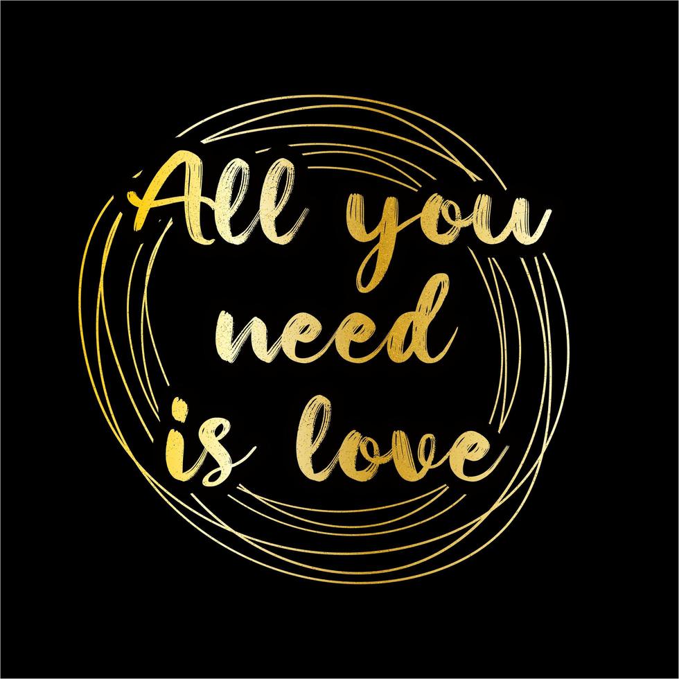 All you need is love. The Beatles song. Luxury gold lettering on a black background. Vector illustration with gradient and golden texture. Lettering with rings on the background.