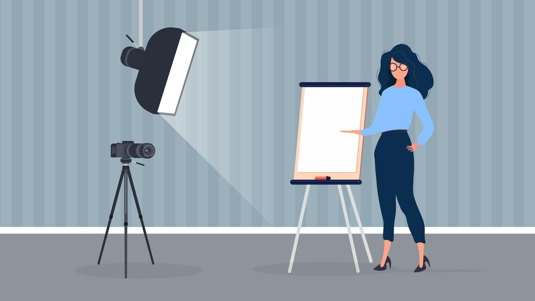 The girl is giving a presentation in front of the camera. The teacher conducts a lesson online. The concept of blogs, online training and conferences. Camera on a tripod, softbox. vector