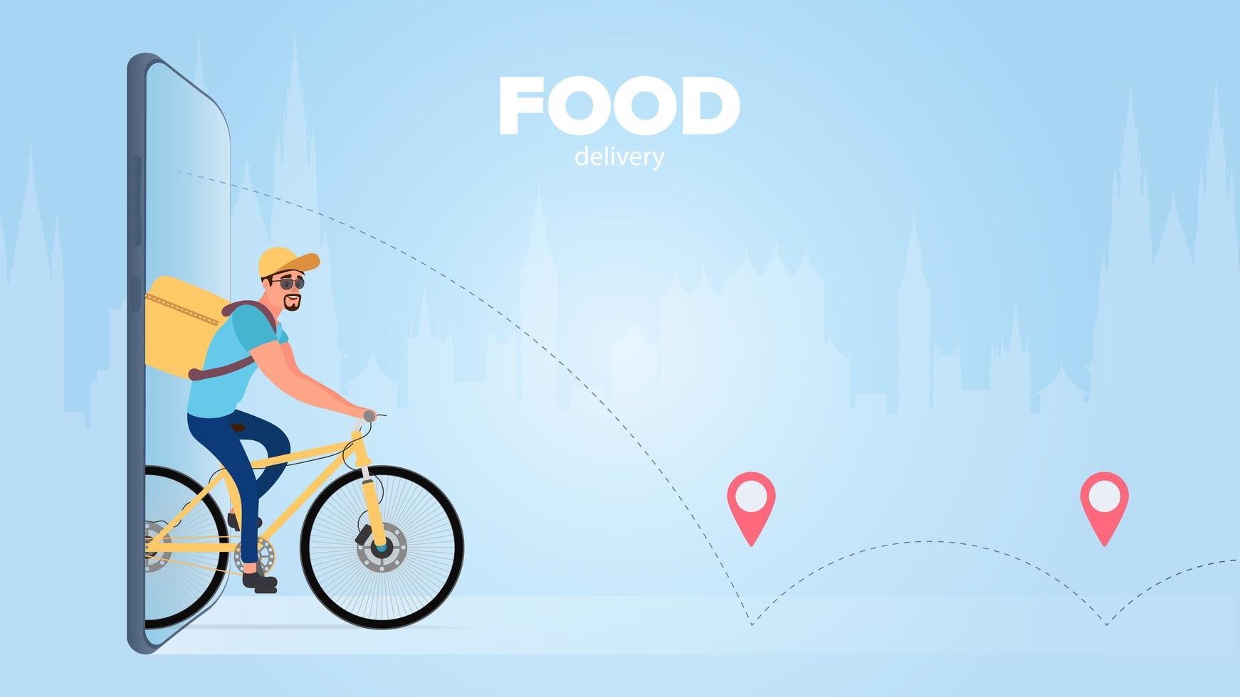 Food delivery by bike. The guy rides a bicycle. The concept of food delivery on bicycles. Ordering goods via telephone. Vector illustration.