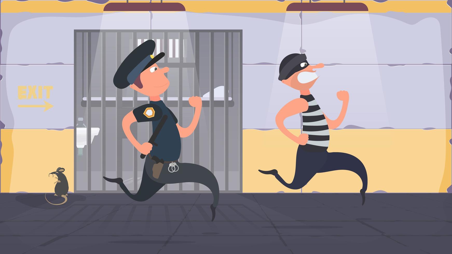 A prisoner escapes from prison. Escape the criminal. Policeman runs after the criminal. Cartoon style. Vector. vector